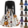 Women Casual Vintage Halloween Print Dress Long Sleeve Round Neck Retro Fit and Flare Midi Dress with Waist Tie Belt