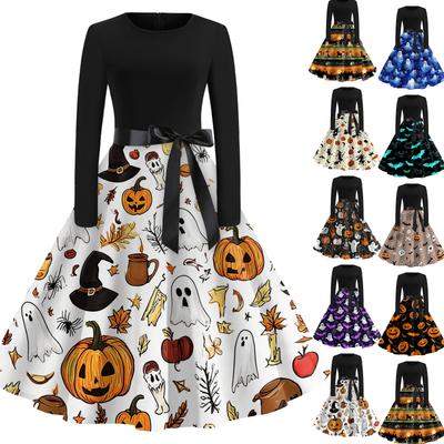 Women Casual Vintage Halloween Print Dress Long Sleeve Round Neck Retro Fit and Flare Midi Dress with Waist Tie Belt
