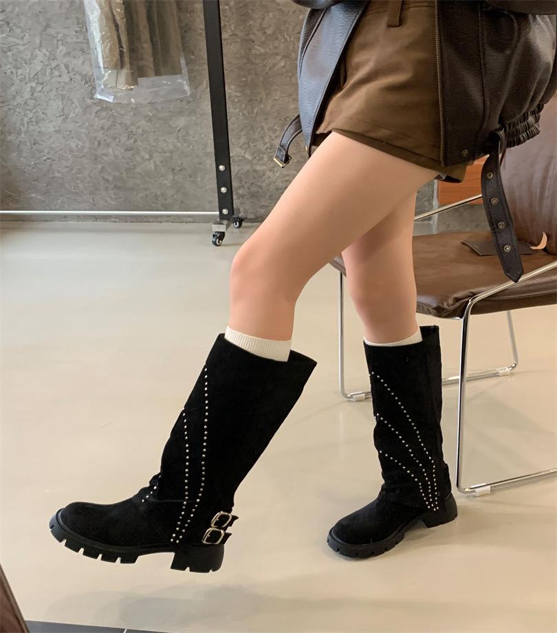 Brown rivet high boots 2025 autumn and winter new sleeve locomotive boots retro western cowboy boots women look thin