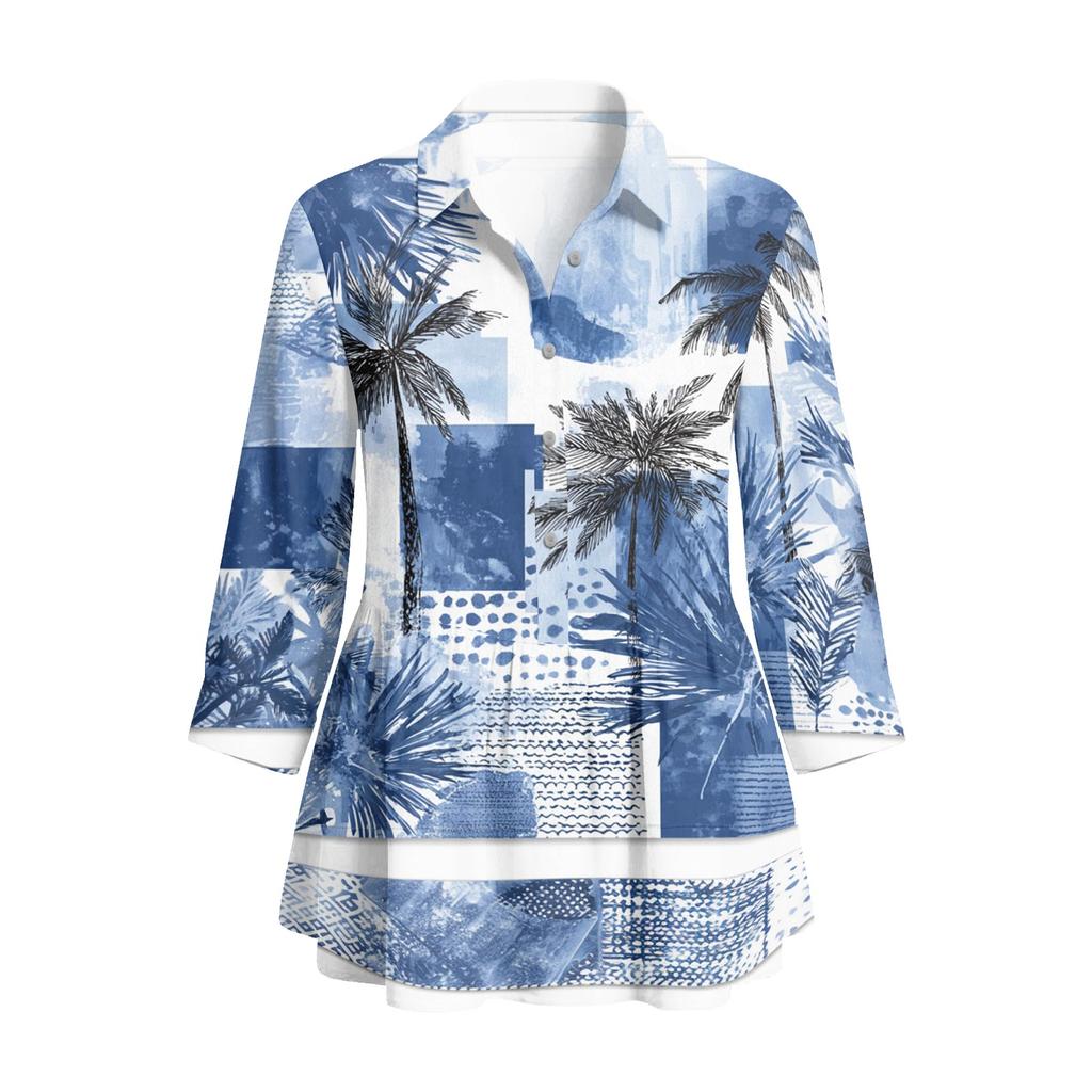 Womens Button Front Shirt Vintage Floral Print Three Quarter Sleeve Loose Fit Blouse Casual Lightweight Top for Everyday Wear