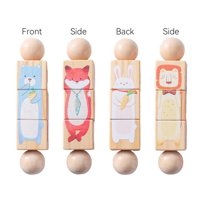 1Pc Baby Wooden Montessori Toys Cartoon Animal Crocodile Bear Rotate Block Rattle Puzzle Game Baby Food Grade Wooden Teether Toy