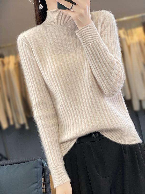 Women's Solid Color Knit Pullover: Autumn & Winter Casual Wool Sweater with Half-High Neck