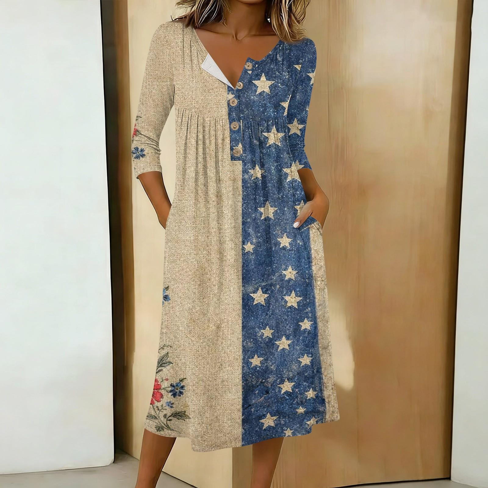 

Women s Casual 3/4 Sleeve Button-down Mid-length Dress M