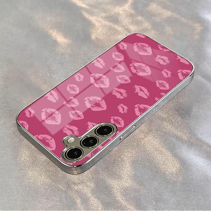 

Gold-plated tempered glass phone case, compatible Galaxy S26 S25 S24 S23 S22 Ultra Plus. Features a pink lip print design. For Galaxy S26