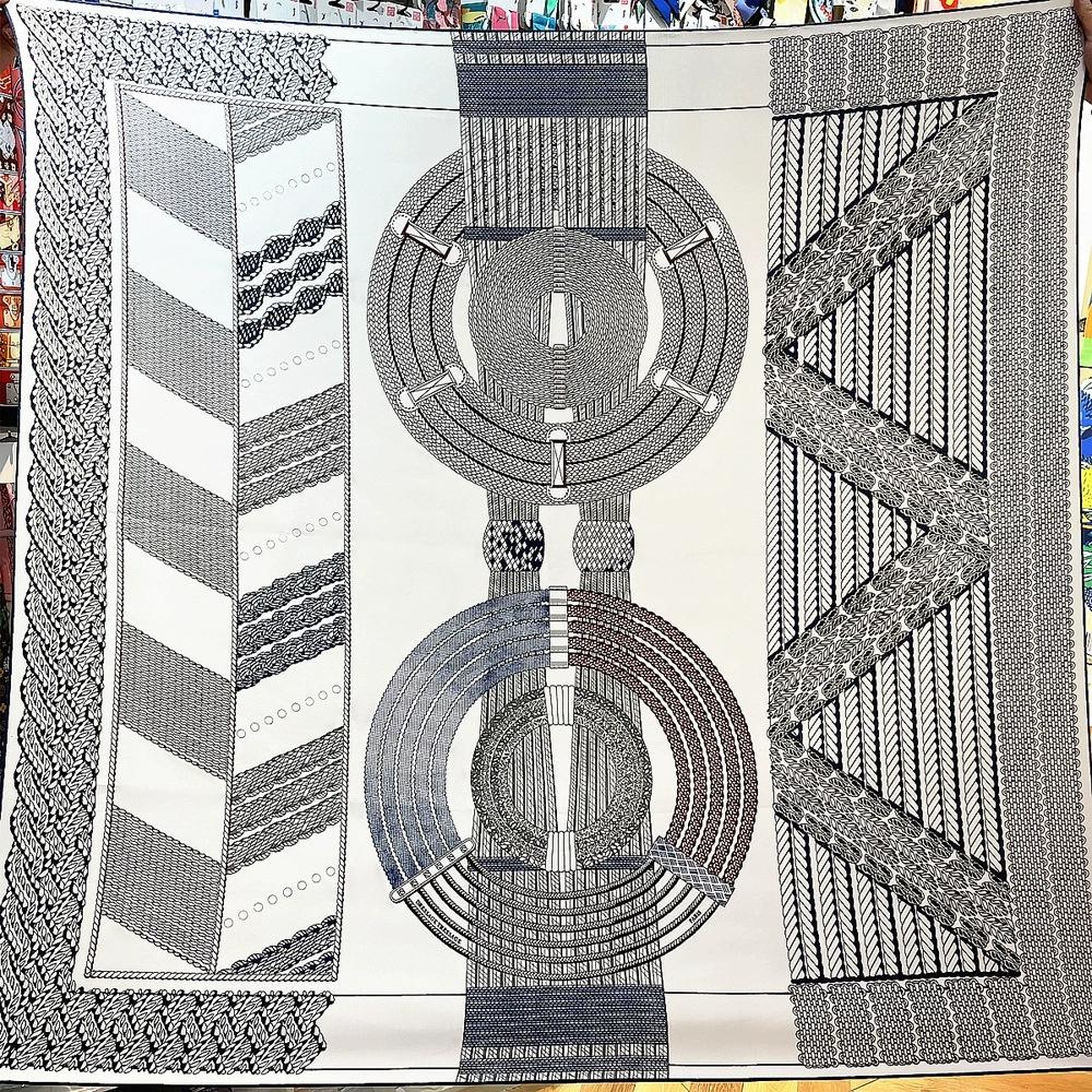 

130cm French Autumn/Winter Geometric Striped Faux Silk Wool Scarf Warm Shawl and Square Wraps Ladies Bandana Hijab Foulard 130x130cm