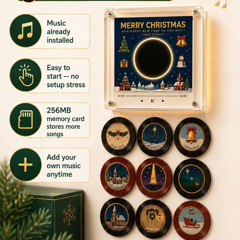 Christmas Nfc Music Box Refrigerator Magnet Vinyl Record Player Ambient Night Light 9 Replaceable Discs Fridge Decor