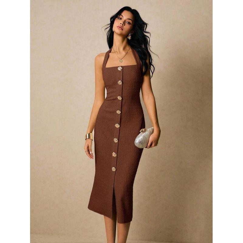 European summer new sexy temperament elegant solid color halter neck sleeveless slim dress XS коричневый
