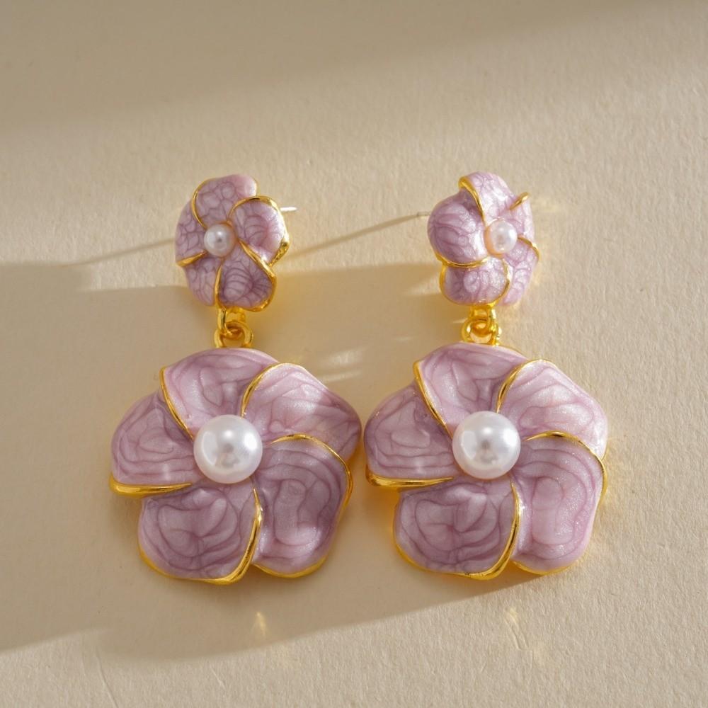 Purple Floral Dangle Earrings Pearl Ear Jewelry Elegant Camellia Flower Earrings Female