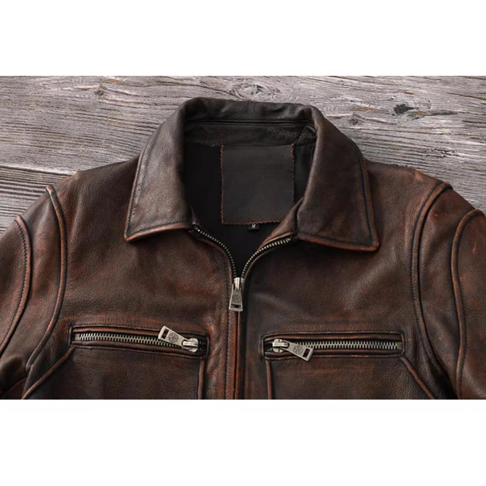 Chinese Size Vintage Red Browm Genuine Leather Jacket Light Coated First Layer Cowhide  Men Leather Jacket Fall and Winter