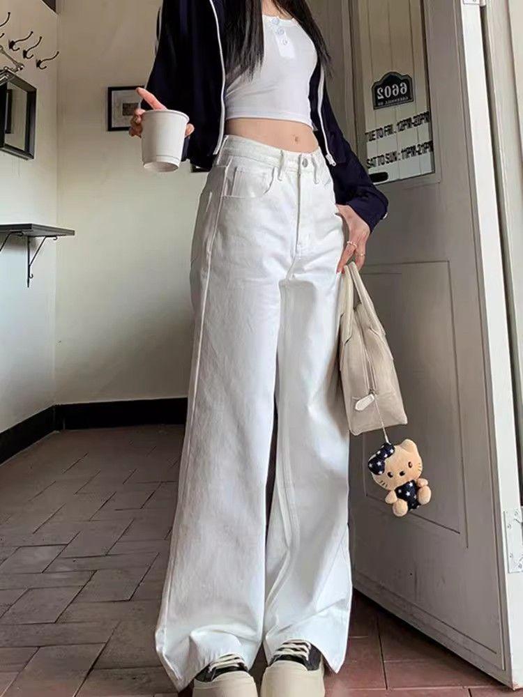 Women's High Waist White Retro Straight-Leg Jeans - Slimming, Versatile, Wide-Leg, Long Pants