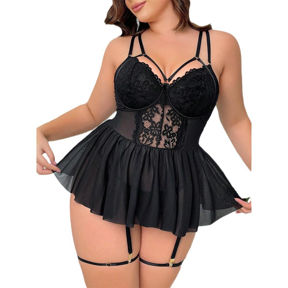 Plus Size Sexy Lace Lingerie Set with See-through Mini Skirt and Thong