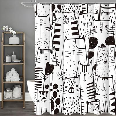 Black Line Quirky Cat Douchegordijn, Decoratief Douchegordijn voor Badkamer, Waterdicht Douchegordijn met Haken