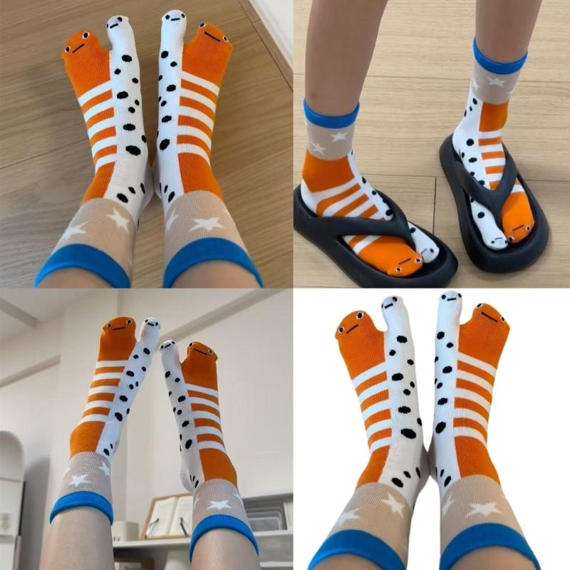 2 Pairs Unisex Creative Split Toe Middle Length Socks Stretchy Comfort With Playfully Fish Patterns For Active Lifestyle
