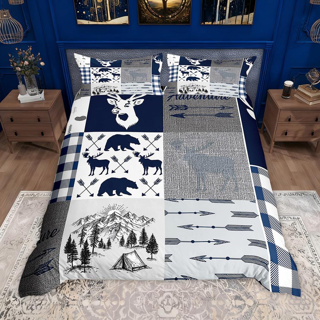 Homewish Rustic Farmhouse Plaid Duvet Cover Set Moose Bear Checkered Bedding Set Retro Cabin Lodge Comforter Cover Set