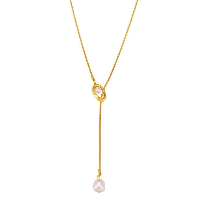 French Style Imitation Pearl Long Adjustable Pull Sweater Necklace Stainless Steel Luxury Jewelry For Women