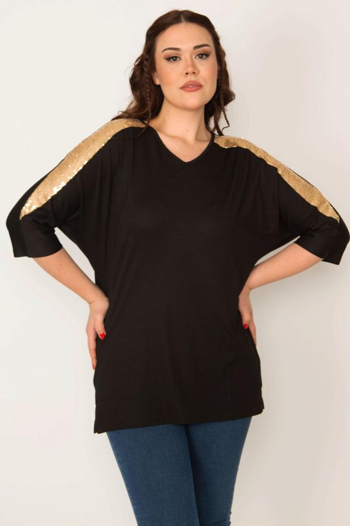 Damska bluzka w dużym rozmiarze Duży rozmiar Srebrna cekinowa szczegółowa bluzka z wiskozy z dekoltem w szpic i rękawami capri