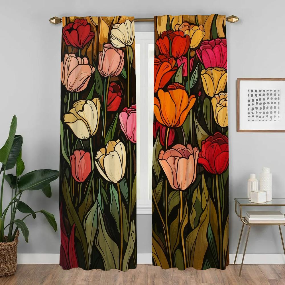 Roses and Pink Tulips Curtains for Living Room Curtain Tulle for Bedroom Shades Home Interior Curtains 2 Pieces Partition Camera