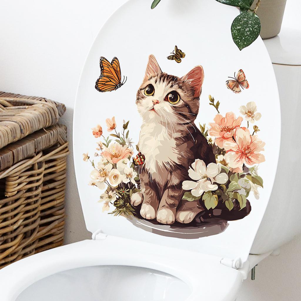 Cute Floral Kitten Toilet Lid Sticker Self-Adhesive Removable Bathroom Decor