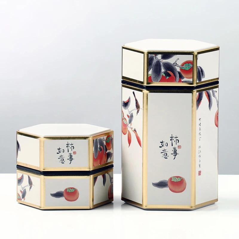 Kreativní šestihranná plechová dóza na čaj Čínský pocínovaný zásobník na čaj Malá uzavřená přenosná krabička na čaj Prázdná dóza Příslušenství k čajové soupravě