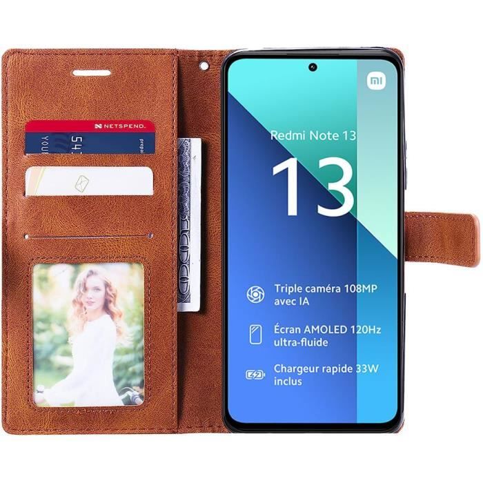 Coque + 2 Verres Trempés - pour Xiaomi Redmi Note 13 4G - Etui Magnétique Cuir PU - Marron - Souple