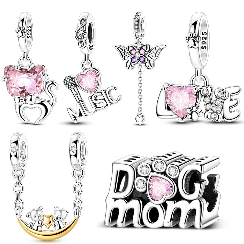 Copper Charms Pink Cat Dog Butterfly Dangle Turtle Paw Beads Fit Original Necklace Bracelet Pendants For Women Jewelry Gift