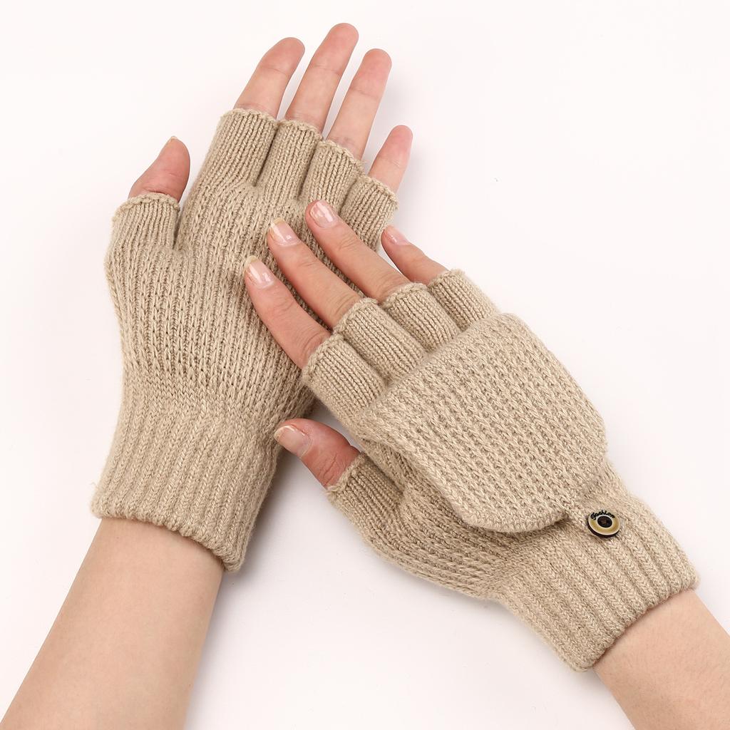 WTEMPO Solid Color Woolen Warm Flip Gloves Men's Women's Autumn Winter Half Finger Gloves Student Writing Exposed Finger Knitted Gloves