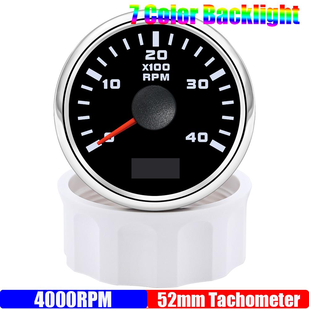 2" 52mm Tachometer 7 Color Light 3000,4000,6000,7000,8000 RPM Meter Hourmeter for Marine Boat Car 12V24V Waterproof IP67