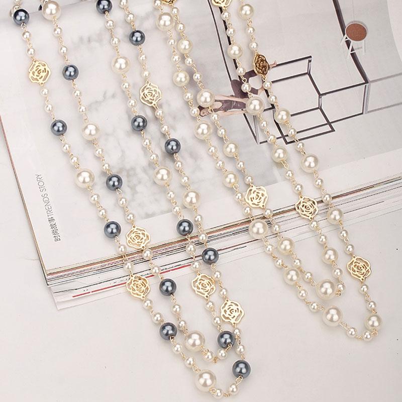 Famous Camellia Pearl Long Necklace For Women Double Layer Collane Lunghe Donna Rose Flower Sweater Chain Necklace