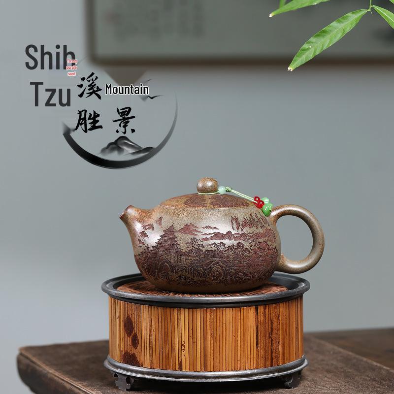Handmade Yixing Zisha Teapot with Engraved Mountain and River Scenery in Agarwood Clay