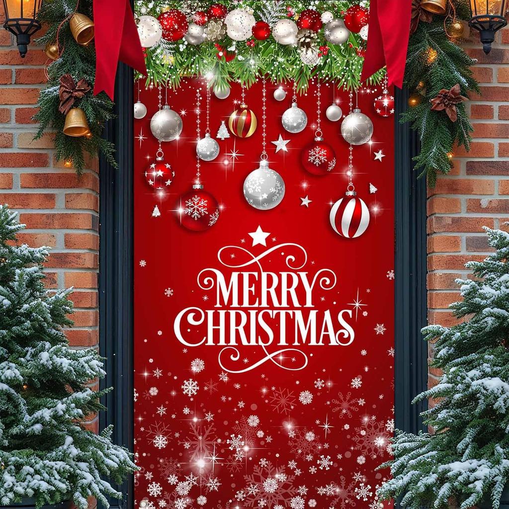 Christmas Door Cover Snowflake Background Banner Merry Christmas Decorations with Ball Design Photography Hanging Cover Photo Booth Props Decorations