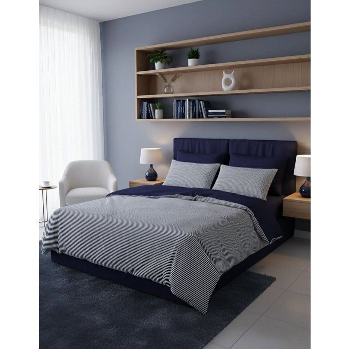Bedding Set - 1 Duvet Cover 140 X 200 Cm + 1 Pillowcase 60 X 60 Cm - 100% Reinforced Cotton - Dark Blue Stripes