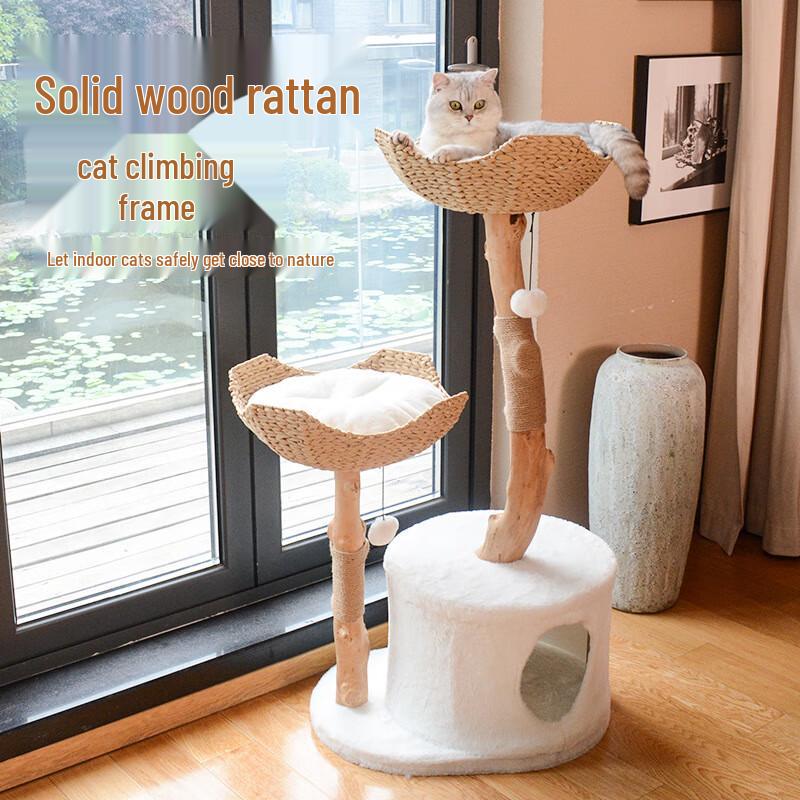Wooden Cat Tree with Double Nests and Scratching Post