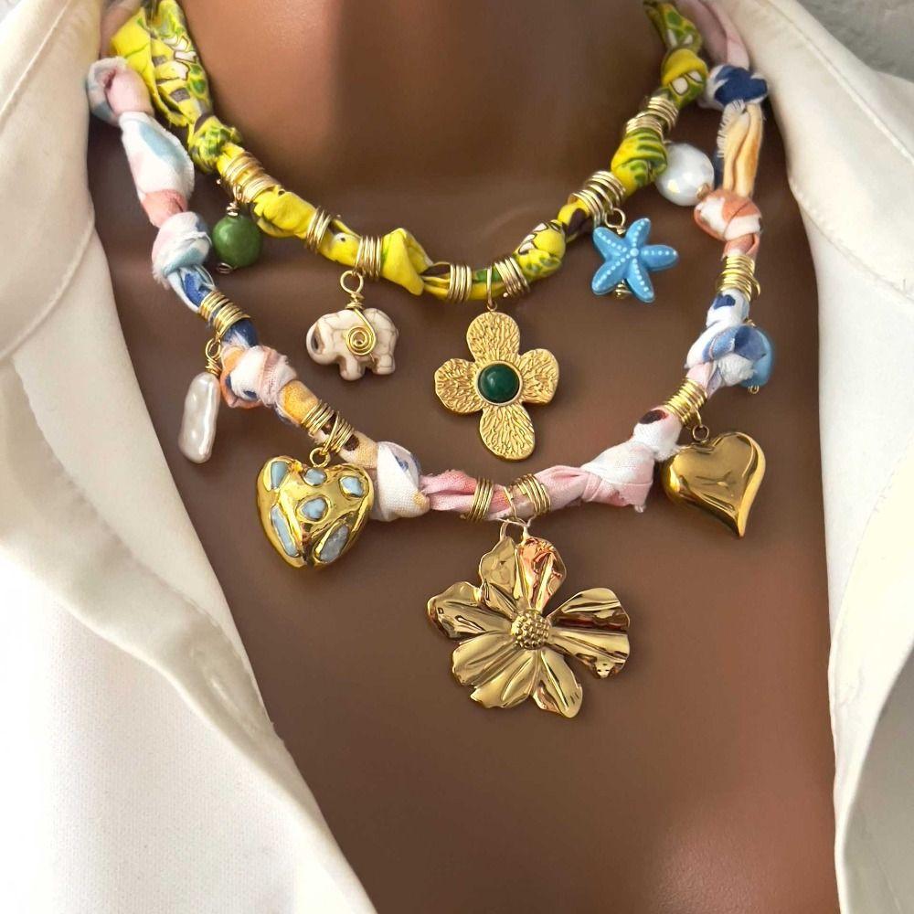 Stainless Steel Cloth Wrap Scarf Necklace Bohemian Beaded Necklace New Charm Pendant