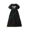 Round Neck Printed Drawstring Waist Cinching Slit Mid Length T-shirt Dresses