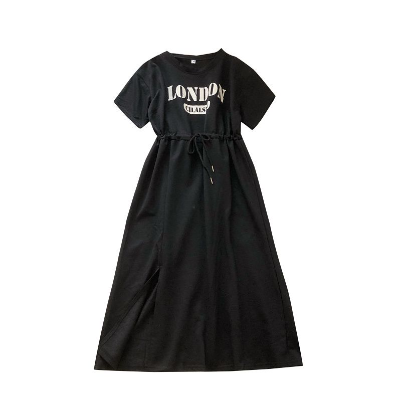 Round Neck Printed Drawstring Waist Cinching Slit Mid Length T-shirt Dresses