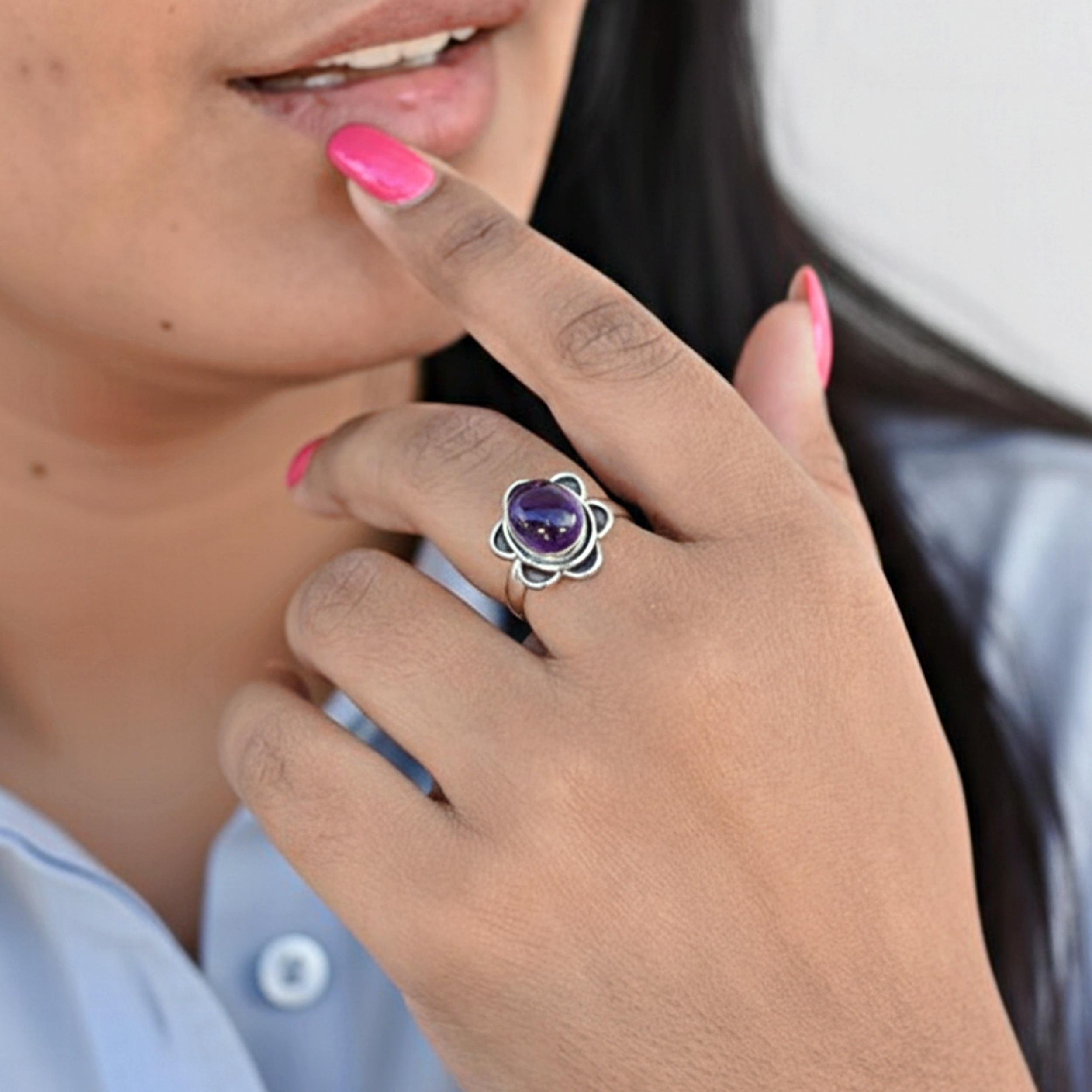 

Фиолетовое кольцо-цветок из аметиста, ювелирное изделие из стерлингового серебра 925 пробы, минималистичное цветочное кольцо для женщин, подарок для нее 12 серебряный