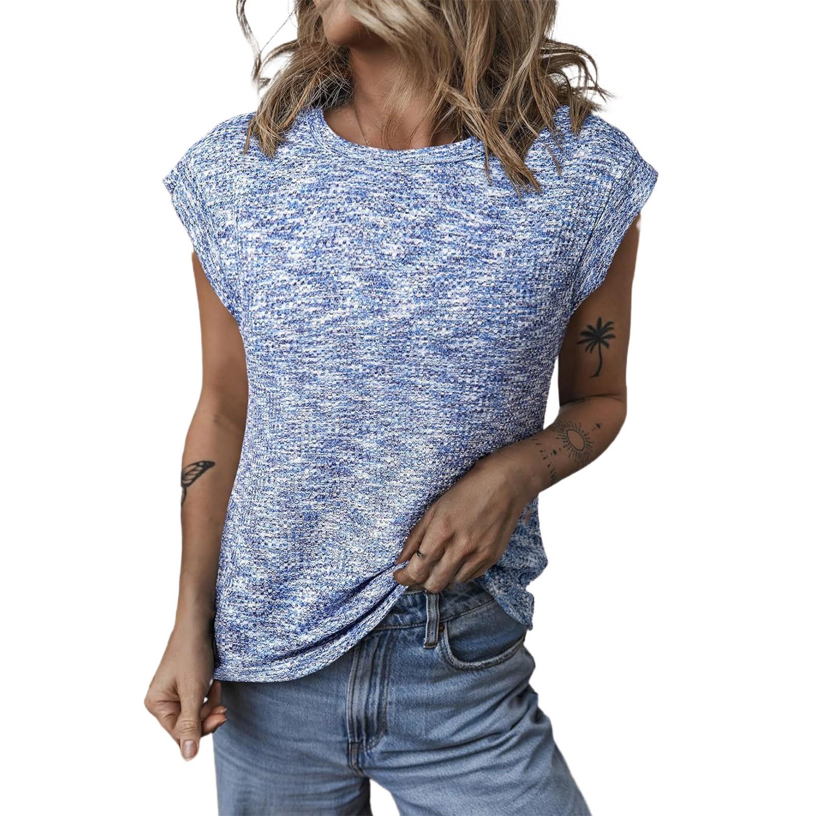 

Модный круглый вырез однотонный свободный короткий рукав женский топ S