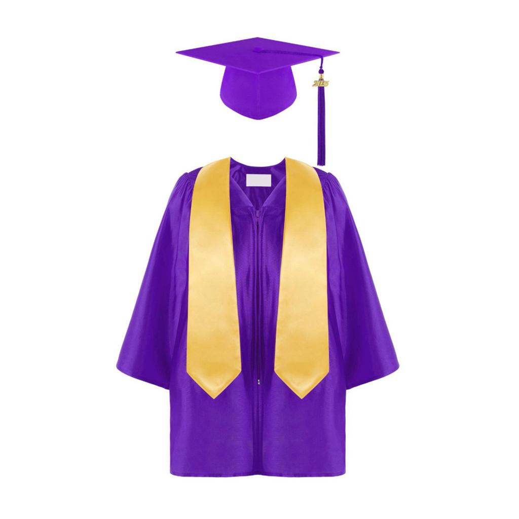 3 Pcs/Set Children Kindergarten Graduation Uniform with Tassel Hat And Shawl V Neck Calf Length Long Sleeve Zipper Closure Elementary Graduation Robe