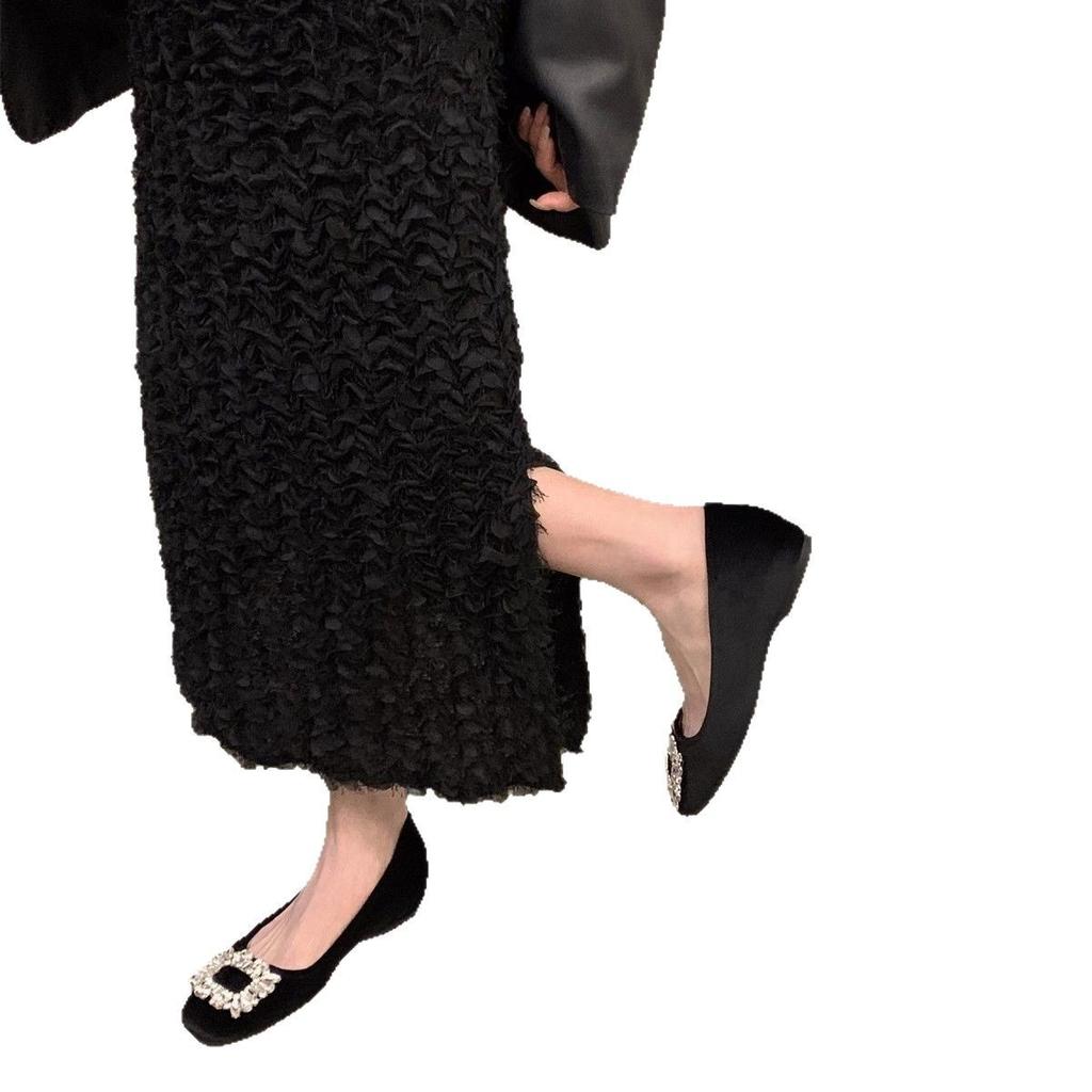 Inner Heightening Suede Rhinestone French Small Single Shoes Women's Shoes 2025 New Spring and Autumn Evening Shoes Black Commuter Shoes