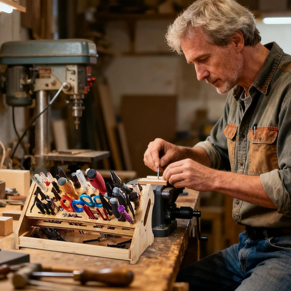 Organizer na śrubokręty 53-otworowy Drewniany stojak z tacą Organizer na narzędzia ręczne Do hobby Napraw Biurko Półka na książki Płyta perforowana