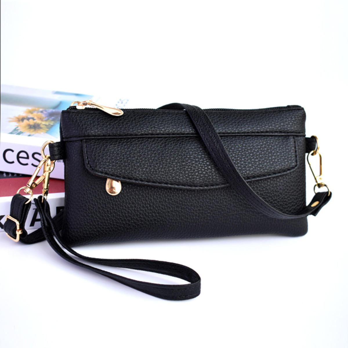 

Portable Wallet PU Leather Hangbag Female Long Clutch Purses Coin Pocket Ladies Single Shoulder Crossbody Bag Money Bag one size чёрный