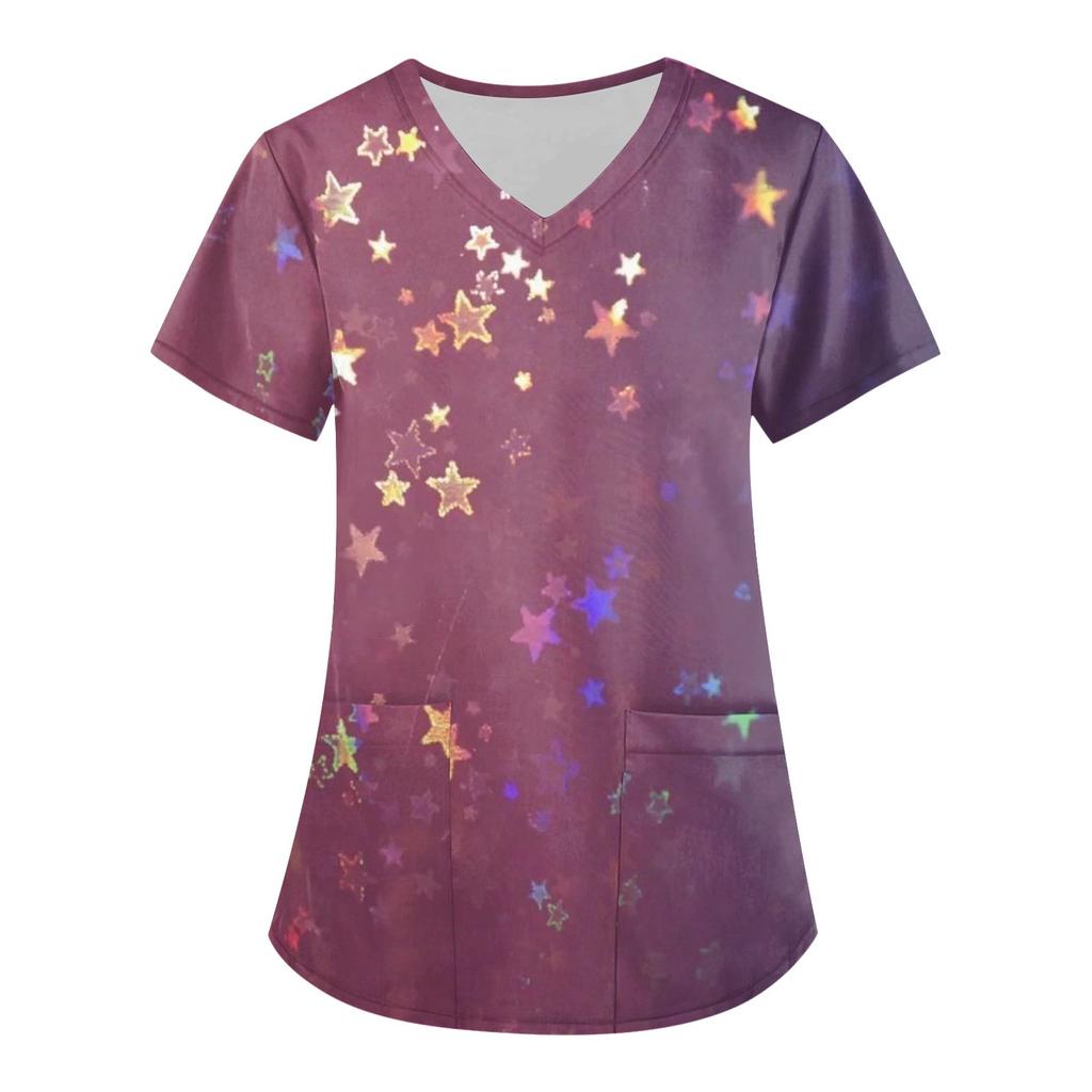 Women's Fashion V-neck Short Sleeve Workwear With Pockets Valentine's Day Printed Tops