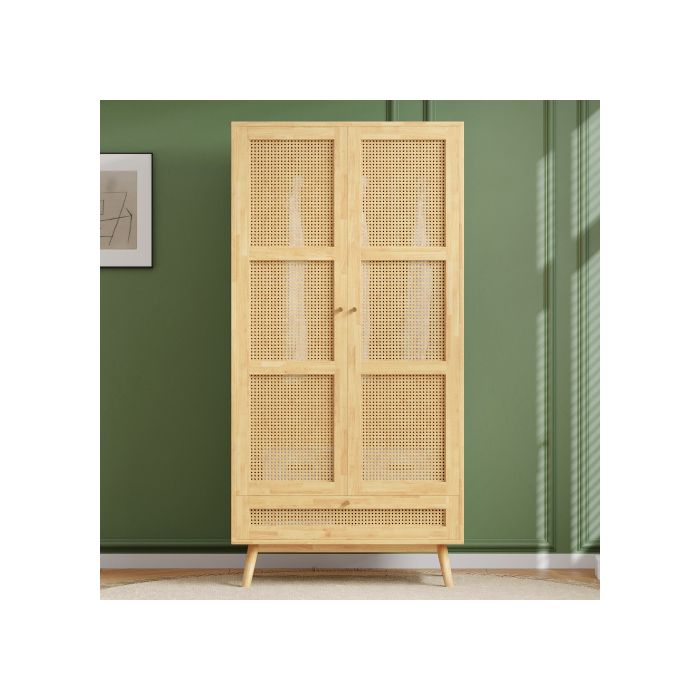 Kleiderschrank mit Kleiderstange, Rattangeflecht, Wohnzimmer, mit klappbarem Boden, Spanplatte + PE-Rattan, Farbe Natur
