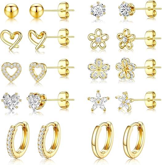 Kolip Hypoallergenic Stud Earrings Set for Women, 14K Gold Plated CZ Huggie Hoops 4-10mm