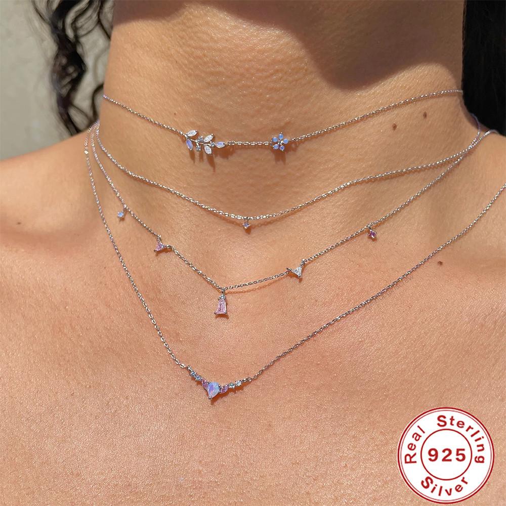 Fashion S925 Sterling Silver Geometric Stacking Color Share Ice Crystal Diamond Stacking Wear Ladies Clavicle Necklace