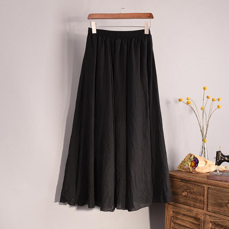 Vintage Solid Pleated Long Skirts Cotton Linen Maxi Skirt for Women Summer Elastic Waist  Girls Boho Beach Skirt A-Line Skirt