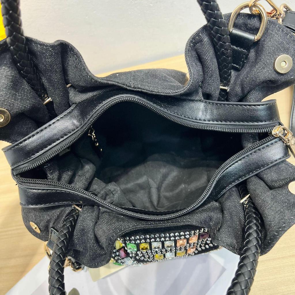 Korean Mini Crossbody Bag, Rhinestone Studded Denim Canvas Purse, Fashion Women Casual Chic Shoulder Bag