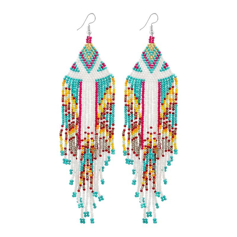 Hand-woven Bohemian Earrings, Long Rice Bead Fringed Earrings, Personality Temperament Women's Earrings.