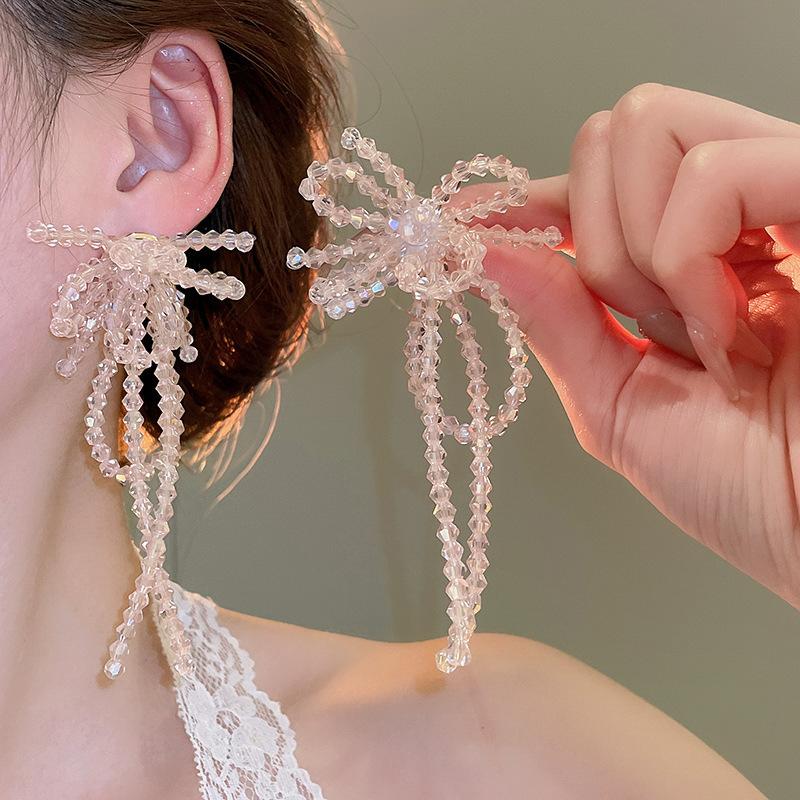 Silver Needle Flower Mesh Fringed Stud Earrings Fresh and Sweet Seaside Vacation Style Earrings Fashionable Versatile Atmosphere Earrings