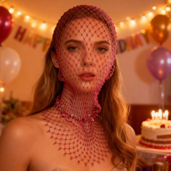 Fishnet Hat Rhinestones Design Hollow Hooded Hat Solid Color Breathable Elastic Fishnet Night Club Hat